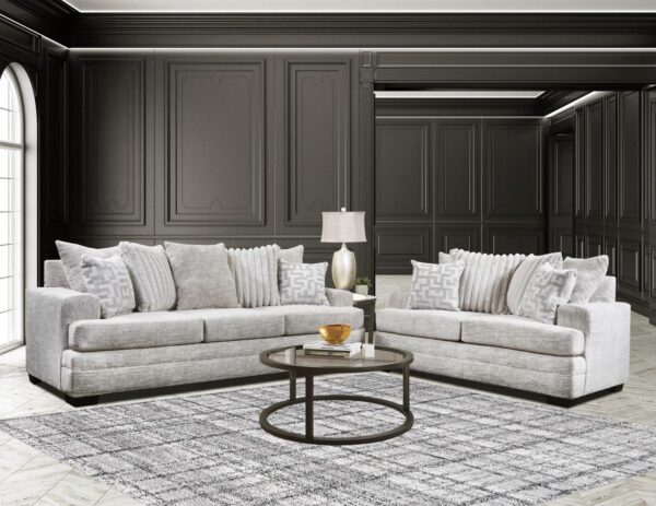Delta Sofa and Loveseat Set in Galactic Oyster and Mondo Grey