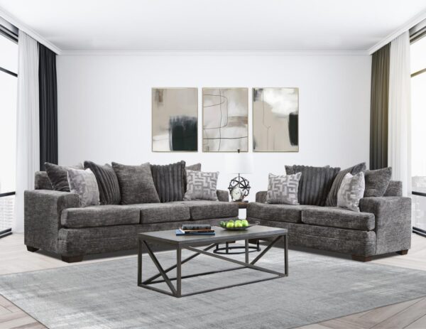 Delta Sofa and Loveseat Set in Galactic Gunmetal Back Pillows and Hamilton Slate Accents