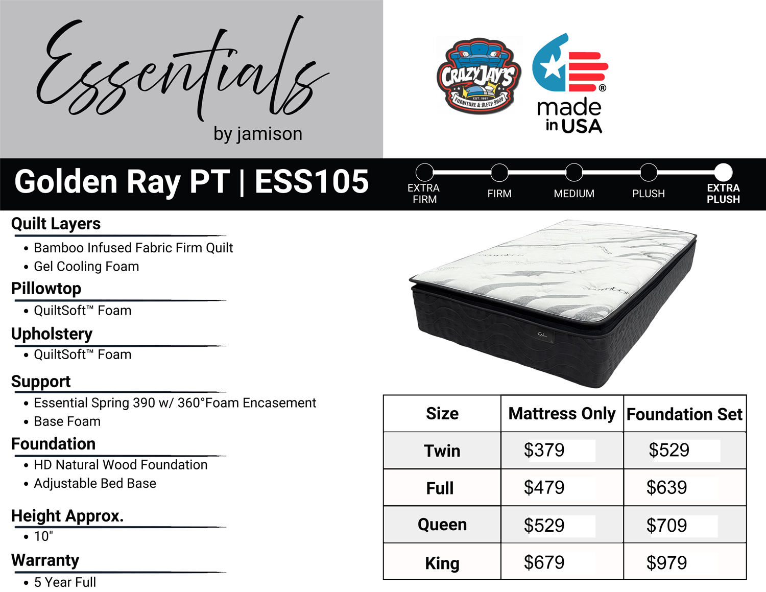 Information about the Golden Ray PT ESS105 extra plush mattress by Jameson